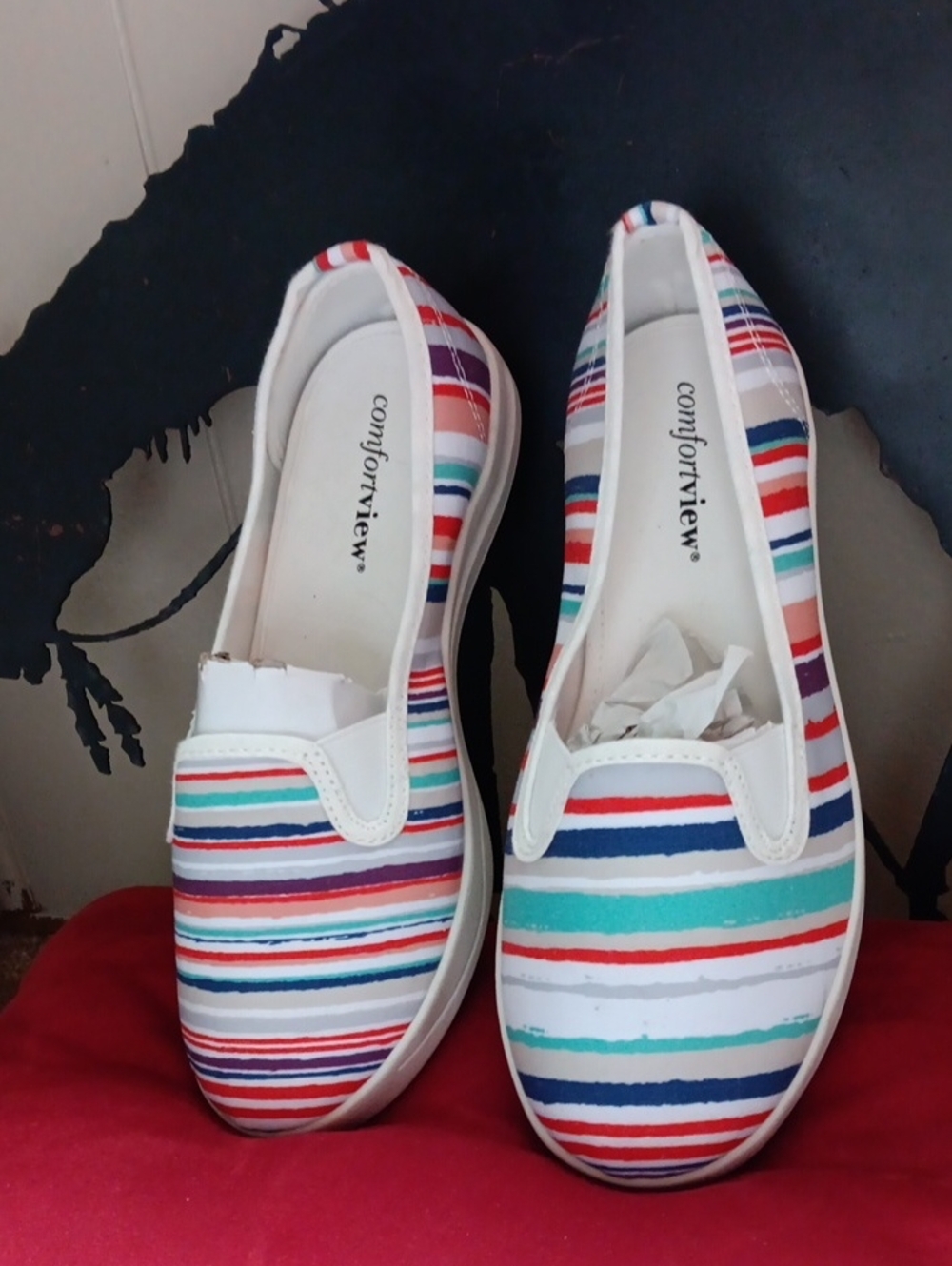 comfortview Women's White Slip-On Flats with Multi-Color Stripes